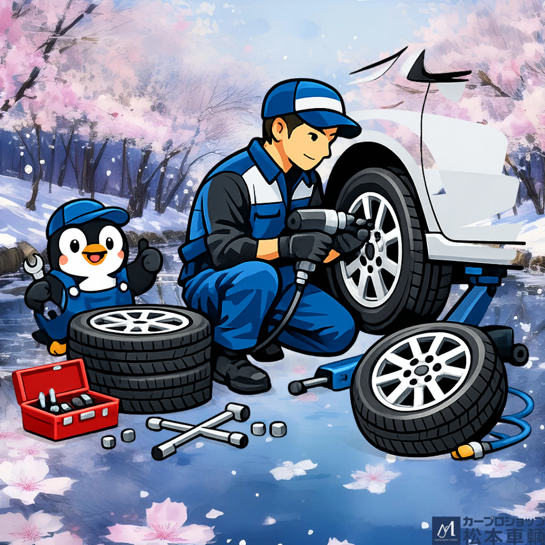 ペンギンがタイヤ交換をしている様子